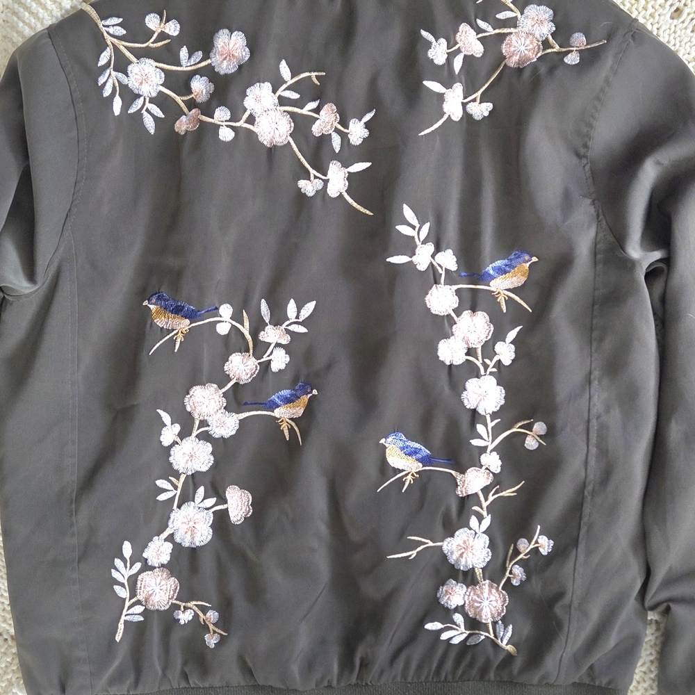 Forever 21 Olive Bomber Jacket with Blue & Pink Embroidered Birds - Picture 4 of 8